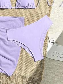 Conjunto de 3 piezas de traje de baño de bikini de unicolor y estilo sexy de halter para mujeres, conjunto de traje de baño, para vacaciones de verano en la playa - Púrpura malva - Ver 5