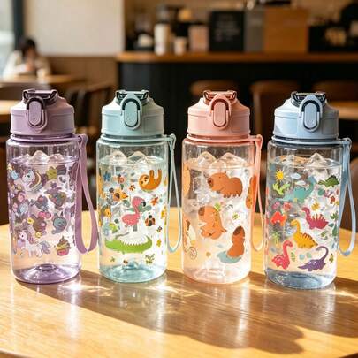 1pc 500ml (17oz) Cute Cartoon Pattern Straw Cup, Best Gift For Girls And Boys For Back To School Or Graduation, Outdoor Sports Water Bottle, Cartoon Cup For Campus Students