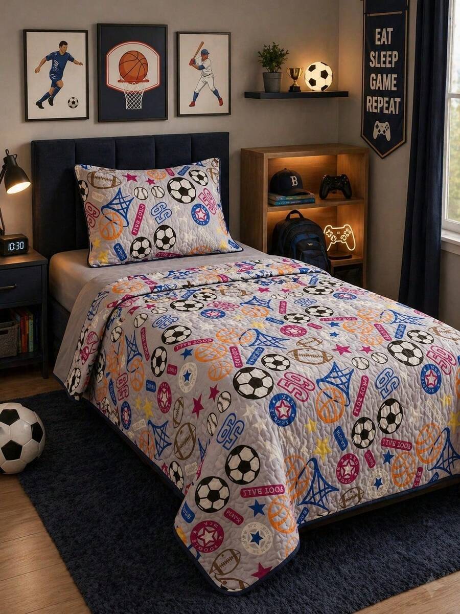 Double Print Children's Single Bedspread Set (2 Pieces) - Soccer - View 1