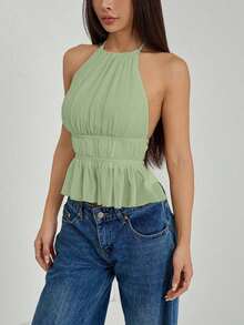 Top de tirantes sin espalda con cuello de halter y cintura anudada plisada para mujer - Verde - Ver 10