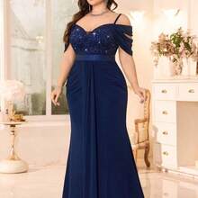 Vestido formal de cola de sirena con cuello en V profundo, encaje floral con lentejuelas, hombros descubiertos, volantes delanteros, bajo para talla grande, vestido de verano, vestido de invitada de boda, adecuado para cumpleaños, graduación, baile de promoción, regreso a casa elegante - Azul marino - Ver 7