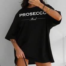 Ropa de verano de longitud media con estampados de letras americanas, elegante y a la moda, hecha de algodón puro, estilo urbano, única, holgada, versátil y casual. - Negro - Ver 7