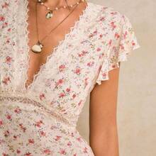 Women's Floral Print V-Neck Elegant Waist Cinched Party & Casual Dress - Multicolor - Ver 7