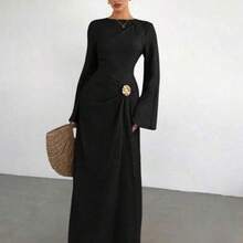 Women's Solid Color Twist Detail Front Metal Buckle Decor Flare Long Sleeve Dress, Ladies' Wedding Guest Dress, Women's Winter Formal Dress - Negro - Ver 1