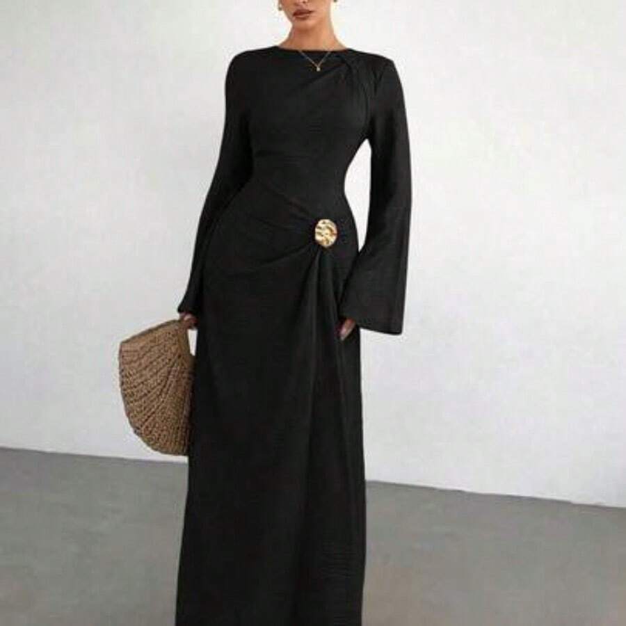 Women's Solid Color Twist Detail Front Metal Buckle Decor Flare Long Sleeve Dress, Ladies' Wedding Guest Dress, Women's Winter Formal Dress - Negro - Ver 1