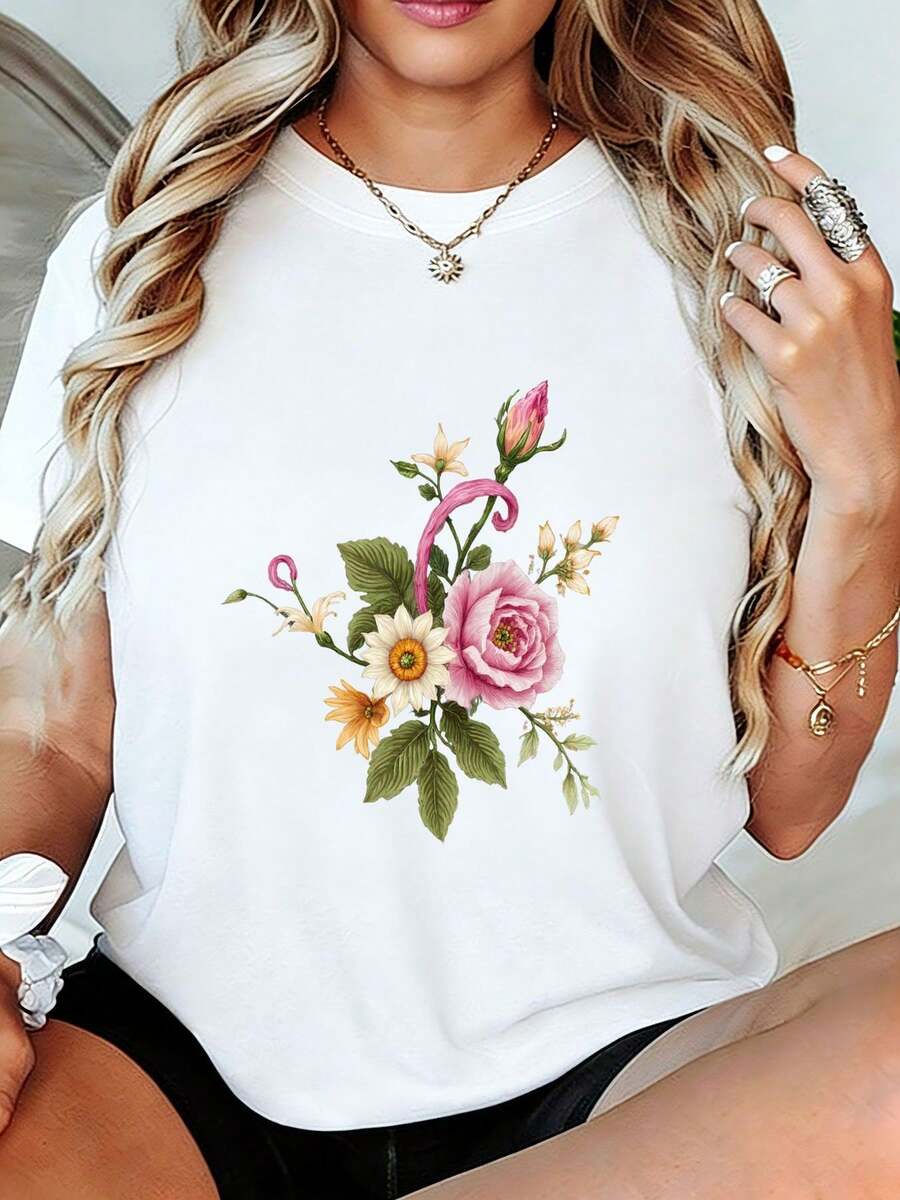 Camiseta blanca con estampado floral para mujer - Top hoado de manga corta de verano con rosas rosas y hojas verdes, camiseta casual suave y transpirable, regalo perfecto para mamá, esposa, novia en el Día de la Madre, cumpleaños