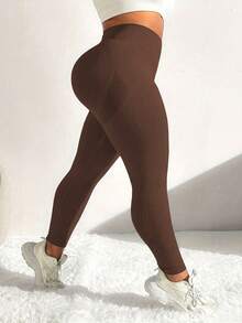 Plus Size Yoga Pants, Seamless Blue Sports Compression Leggings, High Waist Seamless Compression Pants Suitable For Women - Soft Touch, 4-Way Stretch Compression Pants Suitable For Running, Cycling, Yoga, Pickleball, Workout And Daily Wear. High Density Fabric, Comfortable And Relaxed, Suitable For All Seasons, Machine Washable. - Brown - View 7