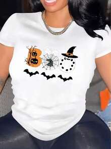 Camiseta casual de manga corta para mujer Halloween, 1 pieza, 100% algodón pesado - Cuello redondo cómodo, suaves y encantadoras camisetas - blanco - Ver 12