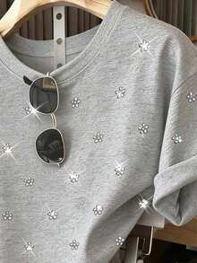 Conjunto informal de 2 piezas de mujer con estampado digital de rayas, cuello redondo y mangas cortas, regalo para amigos - Gris - Ver 3