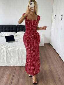 YHHSHEIN  Vestido de verano de cola de pez con dobladillo largo y puntos polka de malla para mujerYHH - Burdeos - Ver 1