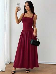 Vestido evasé de unicolor marrón café con cuello cuadrado elegante para mujer, primavera/verano - Burdeos - Ver 9
