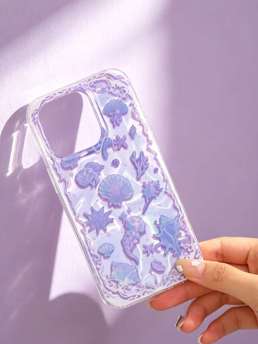 时尚独特的紫色海洋生物波浪图案手机壳,水母、贝壳、鱼类设计,夏季手机壳,适用于 17 Air 至 11 Pro Max、16 至 14 Plus,简约创意防震后盖 - 紫色貝殼 - 查看 1