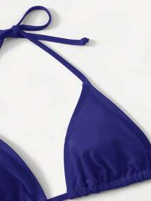 Women's Simple Solid Color Swim Bikini With A Halter Neck And Cutout, Suitable For Beach Vacations And Summer. - Navy Blue - View 4