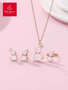 1pc Necklace, 1pair Clip-on Earrings And 1pc Ring For Girls, Zinc Alloy Material With Cute Rabbit Pattern, Pink And White Coated With Glossy Finish, Elegant And Delicate Set For Daily Occasions - Multicolor - View 5