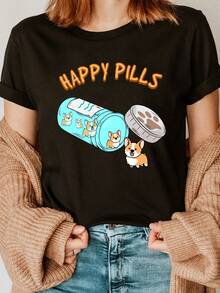 Camiseta de Mujer con Estampado de Corgi - Cara de Corgi Tierna y Píldoras Felices, Cuello Redondo Suave y Transpirable, Ideal para Verano y Primavera, Ropa Casual para Amantes de los Corgis (Lavable a Máquina) - Negro - Ver 6