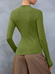 Women's Elegant Button-Up Casual Solid Color Vintage Slim Fit Sexy Top T-Shirt - Green - View 5