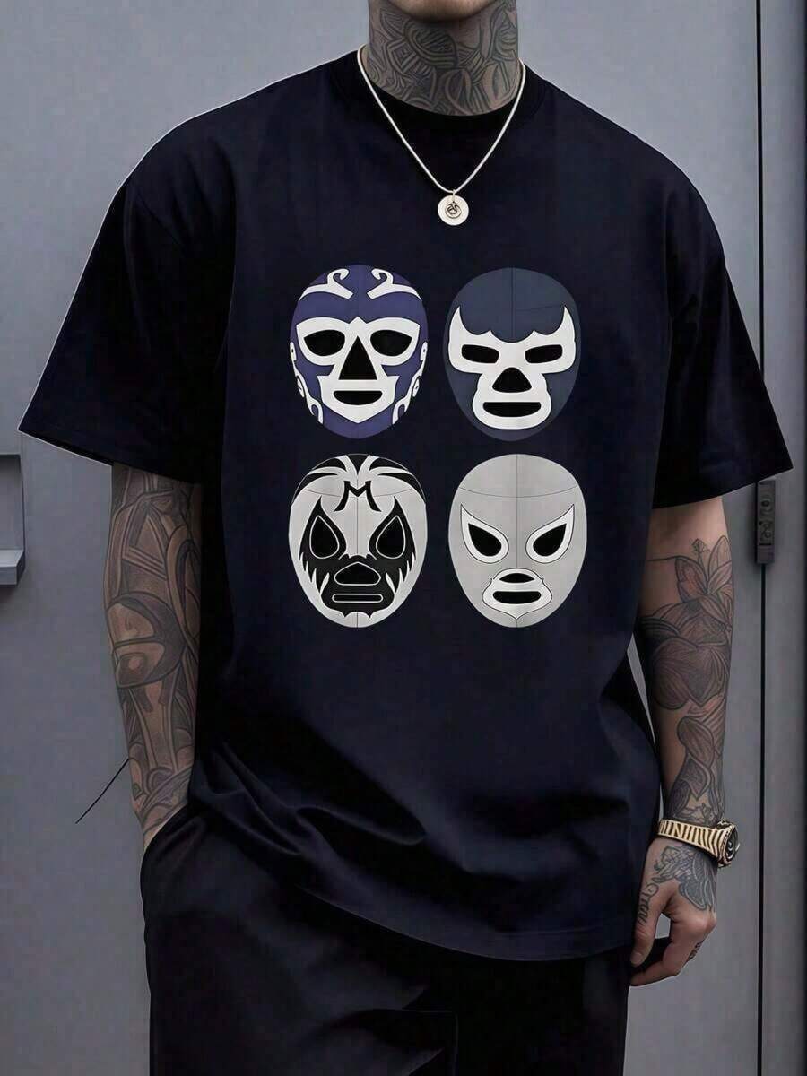 áscaras de lucha libre que representan la fuerza la identidad y el espíritu indomable de los guerreros modernos inspirando confianza y energía camiseta de hombre% algodón cómoda suave y resistente adecuada para uso diario y ocasiones casuales 7CF8 - Negro - Ver 1