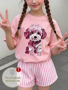 2件套女童可爱小狗印花短袖T恤和条纹短裤套装，春夏装 - 粉色 - 查看 1