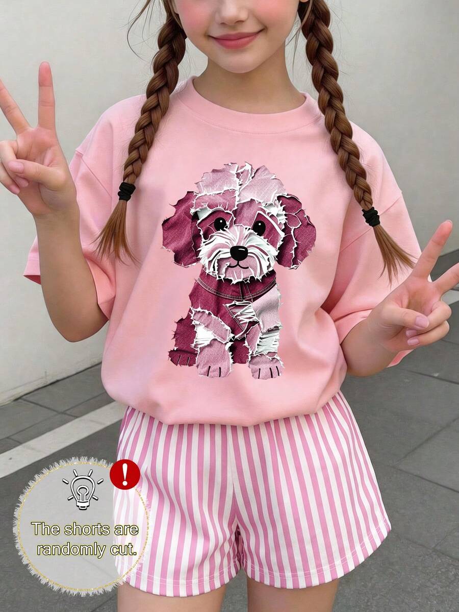 2件套女童可爱小狗印花短袖T恤和条纹短裤套装,春夏装 - 粉色 - 查看 1