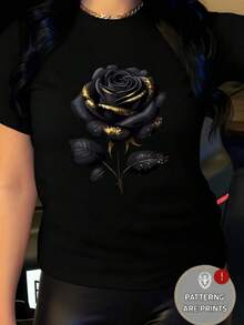 Short-Sleeved T-Shirt With A Round Neck, Comfortable And Breathable; Casual Women's Clothing, Versatile Garment, With A Black Rose Print And Gold Details, With An Aesthetic Style, Elegant And Natural Creative Design - 黑色 - 查看 1