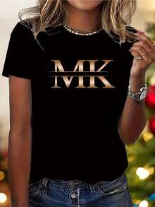 VivaGlam-Golden Art Letter Print Pattern - Elegant And Fashionable - Women's Crew Neck Pullover T-Shirt Casual S Short Sleeve S-XXL Size, Multiple Colors Available, New Women's Top - 黑色 - 查看 3