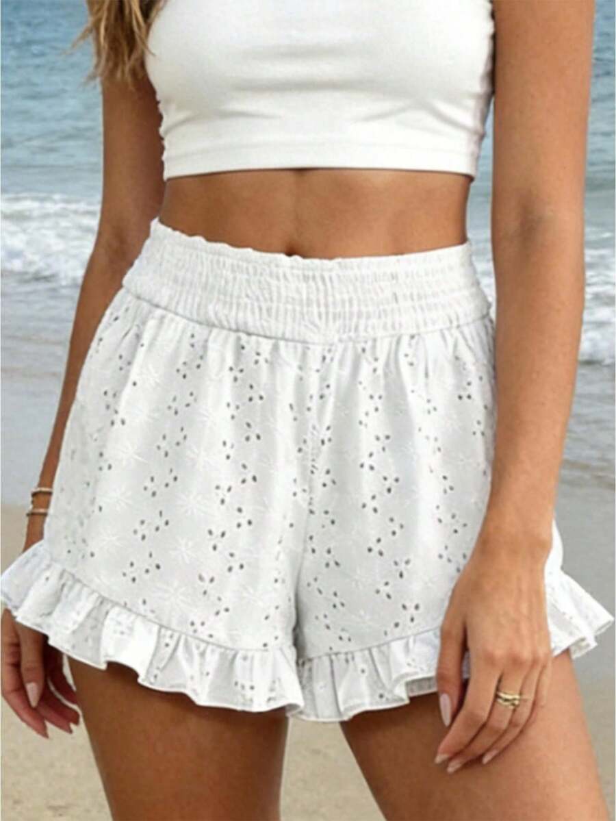 Womens Ruffled Shorts Loose Casual Embroidered Elastic Waist Summer Shorts For Beach Travel Vacations - White - View 1