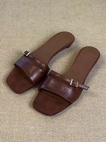 Giày sandal đế dày mũi vuông phong cách Pháp cổ điển, mẫu mới về, dép quai ngang gót trung bình cho nữ. - màu nâu - Xem 4
