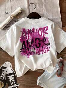 Spring/Summer Fashion [Double-Sided Print] Women's Pure Cotton T-Shirt, Graffiti Style, Ink Splatter Letters, Pink Love Splatter, Valentine's Day Gift, Plus Sizes Available, Cute Top, Retro Y2K Style, Loose Fit. Soft And Gentle On The Skin. - 白色 - 查看 3