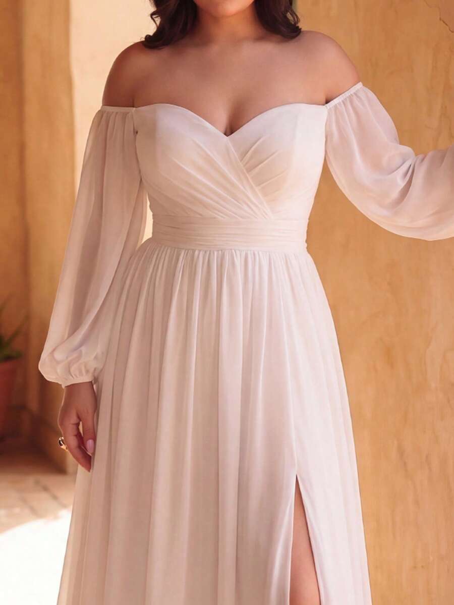 Faeriesty Vestido de novia con hombros descubiertos y estilo envolvente, elegante vestido de novia blanco de manga larga, vestido de novia para fiesta de primavera