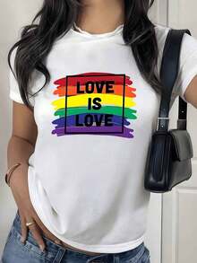 Women's T-Shirt With Rainbow Digital Print "Love Is Love" Round Neck, LGBT Pride Theme, 220 Grams, 1 Unit, 100% Cotton, Modern Style, Casual Design - 白色的 - 查看 9