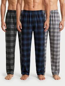 3pcs Men's Casual Plaid Pajama Pants - Black - View 1