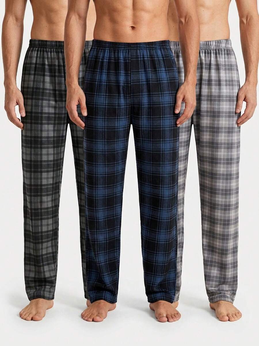 3pcs Men's Casual Plaid Pajama Pants - Black - View 1