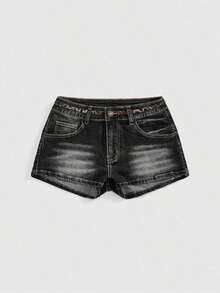 Grunge Punk Shorts de mezclilla con cintura súper baja, bordado de estampado de leopardo, para mujer, estilo K-pop Y2K, para fiestas, conciertos y festivales - Negro - Ver 2