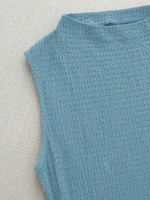Nuevo vestido elegante y sexy de primavera/verano para citas, de cuello alto, con hebilla metálica, fruncido y sin mangas, de silueta ajustada para mujer - Azul - Ver 5