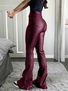 Pantalones acampanados de piel sintética recubierta para mujer, pantalones de tiro alto con ajuste ceñido, elegantes para fiesta, ir al trabajo, vacaciones, festival de música, pantalones rectos casuales, ropa de primavera/verano, talla grande vendido, negro intenso de invierno - Burdeos - Ver 2