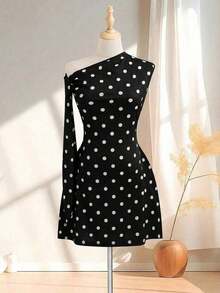 Vestido corto de verano de lunares en color claro con tirantes de lazo, asimétrico y sin mangas, de unicolor y elegante para mujer - Negro - Ver 2