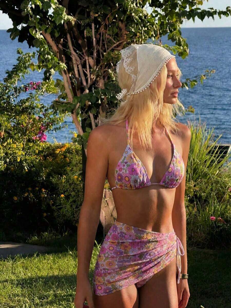 Conjunto de 3 piezas de traje de baño de bikini de unicolor y estilo sexy de halter para mujeres, conjunto de traje de baño, para vacaciones de verano en la playa - Multicolor 2 - Ver 1