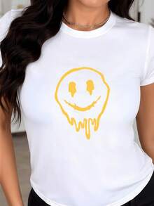 Melting Yellow Smiling Face Symbolizing The Duality Between Joy And Melancholy With A Modern Artistic Touch. Comfortable And Eye-Catching Casual Women's T-Shirt. - 白色 - 查看 8