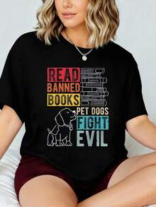 Camiseta de lectura de libros prohibidos PERROS DE ESTIMAPE LUCHAN EL MAL Camiseta de lectura 2026 Nueva camiseta impresa para mujeres, camiseta de otoño para mujeres, camiseta de invierno, camiseta de para mujeres HKTS - Negro - Ver 1