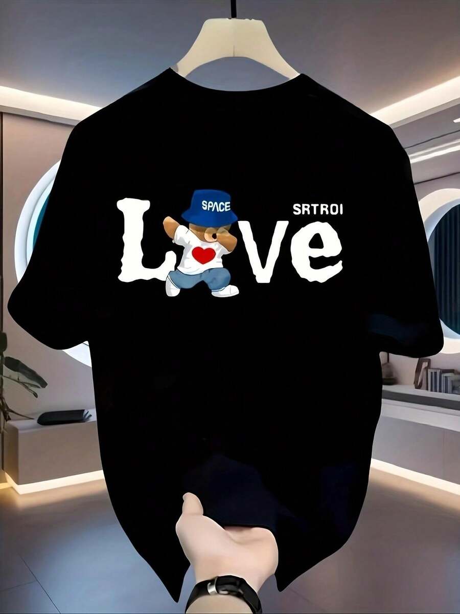 Fun Love T-Shirt With Modern Graphic Character, Vibrant Urban Style, Perfect For Young People And Teenagers, Size S M L, Blue Black, Casual Wear 2023. - 黑色 - 查看 1