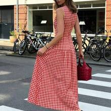 PariChic 2026 Women's Plaid Patchwork Milkmaid Dress, Sleeveless Style With Smocked Details & Full Flared Hem, Zipper Closure, Casual Daily Commute Minimalist Holiday Dress - Multicolor - Ver 7
