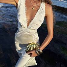 Solid Color V-Neck Off-Shoulder Elegant Dress For Women, Suitable For Spring/Summer Vacation - Beis - Ver 8