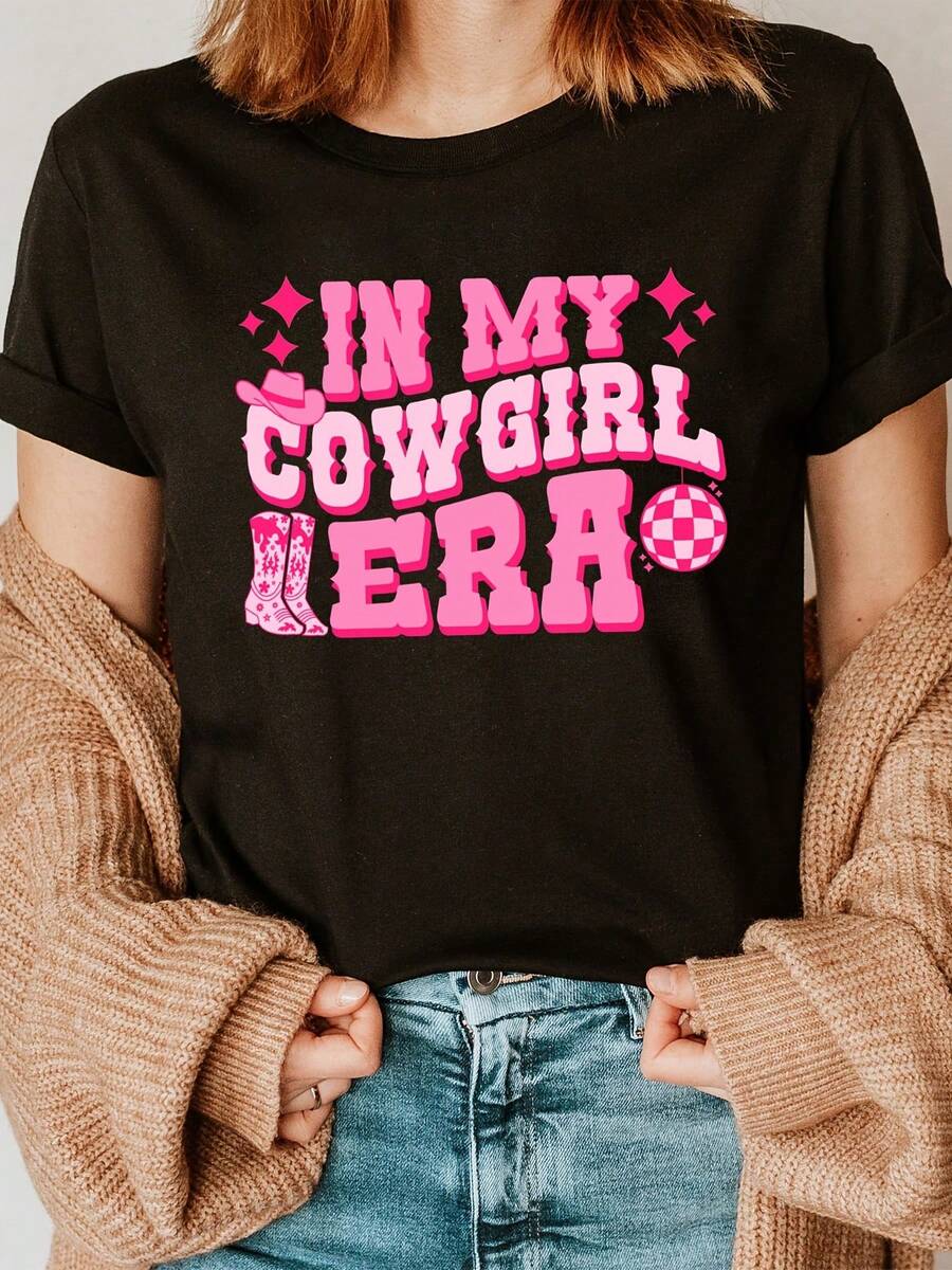 Camiseta de Mujer% Algodón con Estampado de Vaquera, Cuello Redondo, Manga Corta, Top Casual para Verano y Primavera, Ropa de Mujer. Ligera, transpirable, éxito de  en verano. - Negro - Ver 1