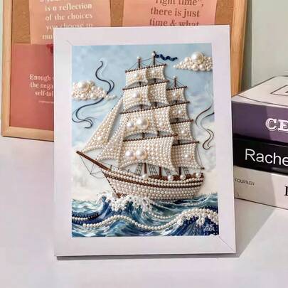 Bộ tranh đính đá 17x22cm - Thuyền buồm trên biển, tranh tự làm, quà tặng trang trí nhà cửa