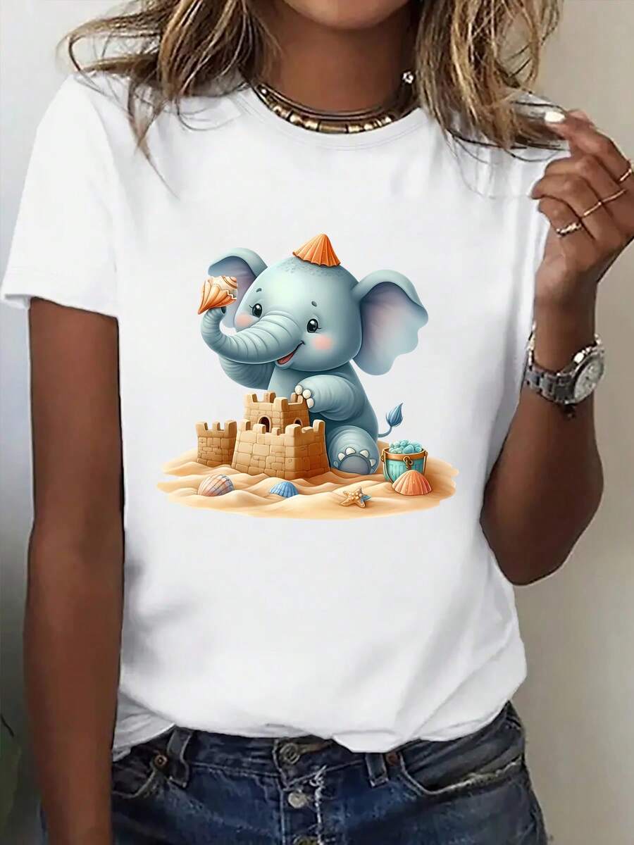 Women's Short Sleeve T-Shirt With Elephant And Castle Print - Hoado Cut, Round Neck, Summer Beachwear, Casual Blouse For Matching Family Outfits, Machine Washable, Suitable For Year-Round Wear - New Release, Perfect Gift - 白色 - 查看 1
