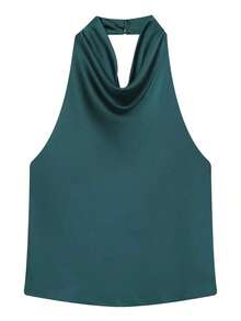Top de tirantes de satén para mujer, estilo callejero lindo Y2K con espalda descubierta y sin mangas, casual de verano - Verde Oscuro - Ver 4
