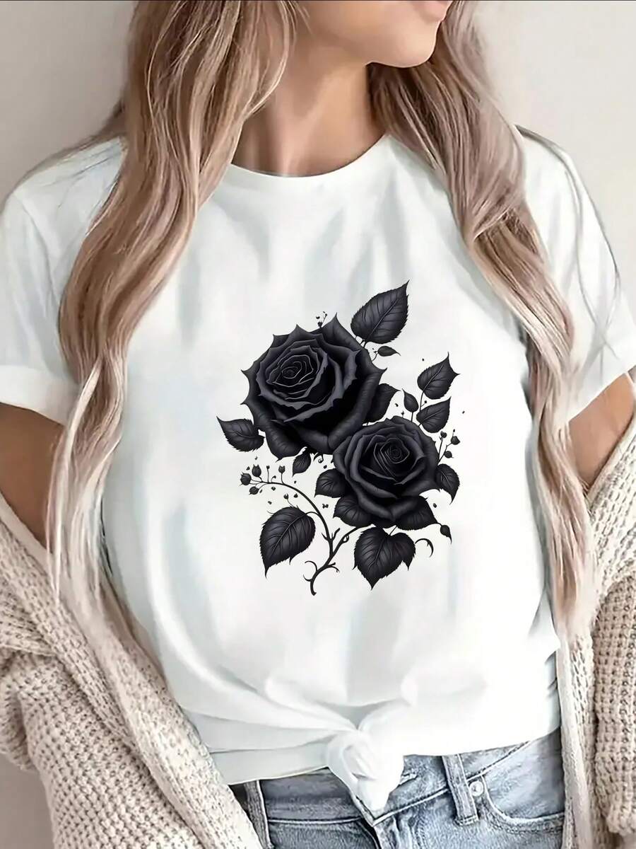 Camiseta de manga corta ligera y duradera, con un elegante diseño de rosas, perfectara salidas casuales en casa, cafeterías o al e , fabric con un tejido suave y cómodo para uso diario.