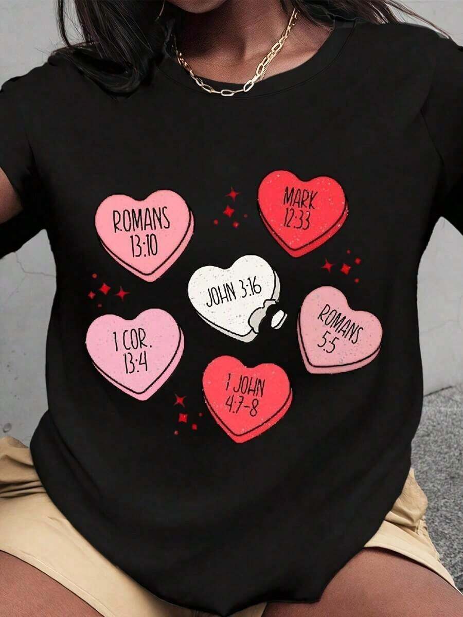 Plus Size T-Shirt For Valentine's Day With French Fries Design, Fun For Food Lovers, Women's, With Cute French Fries And Heart Design, Perfect Casual Top For Everyday Wear And Gift Ideas | Exquisite Design | Loose And Comfortable | Easy To Match | - 黑色 3 - 查看 1