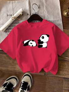 Panda Print Crew Neck T-Shirt, Standard Size Women's Clothing, Women's Clothing - Unisex Urban Vintage Style Loose Cotton Short Sleeve T-Shirt With Crew Neck. - 綠色 - 查看 8