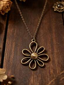 1pc Vintage Hollow Flower Alloy Necklace, Fashionable For Women - Old Gold - View 4